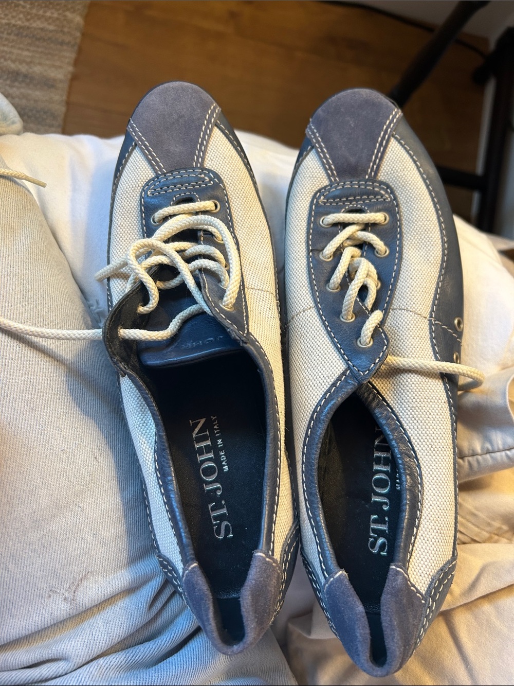 St. John Men's Navy and Cream Canvas Boat Shoes